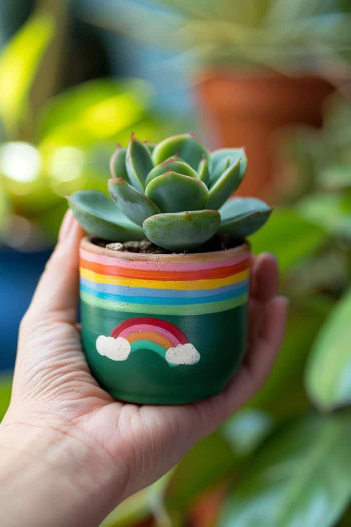 Paint miniature clay pots in green and add a band of rainbow colors around the rim for a colorful appearance. Then paint a rainbow on the pot itself to complete the look.