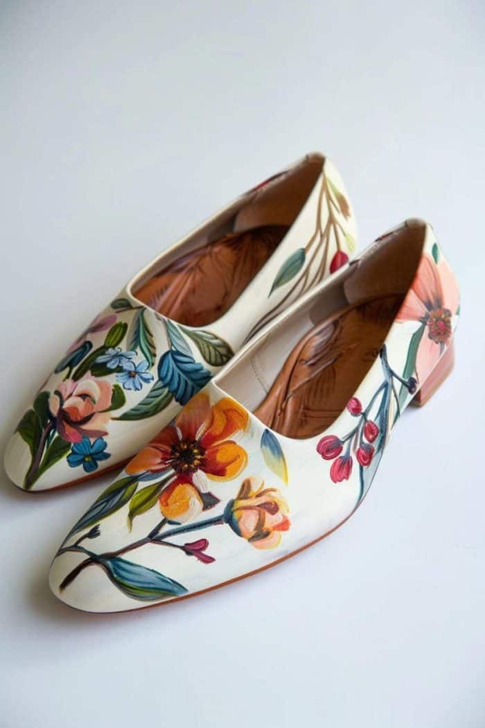 Ballet flats become a wearable botanical illustration with sprawling vines and blossoming flowers painted in fine detail. 