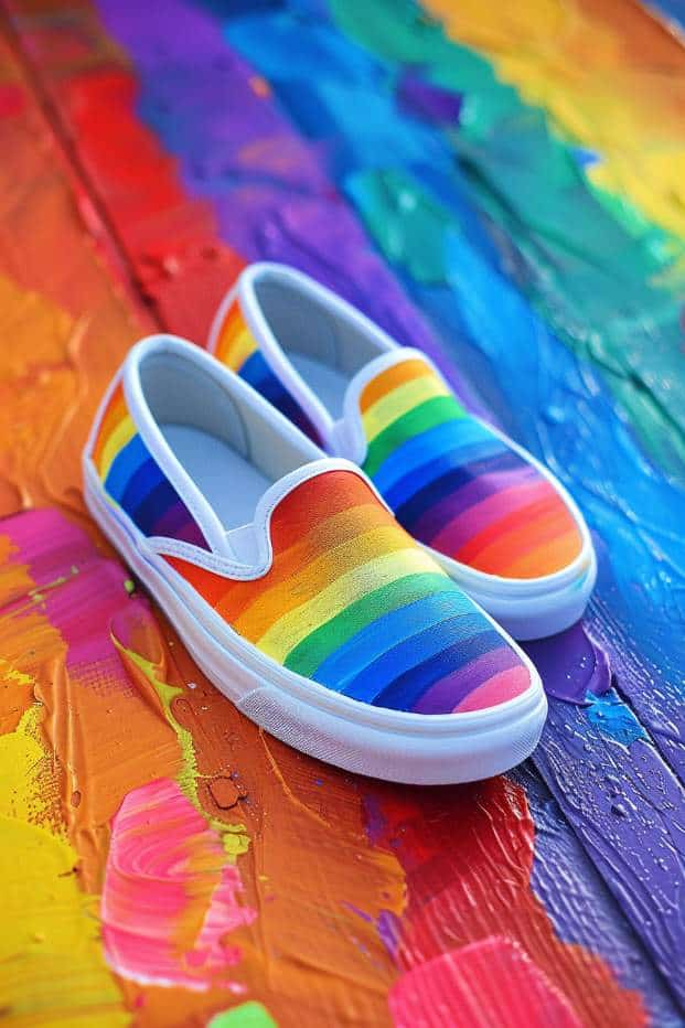 Slip-ons are wrapped in the joy of a full spectrum, with each stripe painted in a different hue to form a complete rainbow.