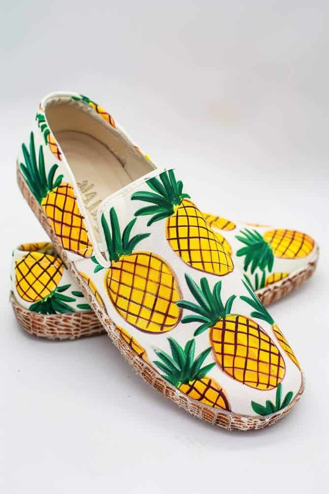 Espadrilles are adorned with a pattern of stylized pineapples, featuring sunny yellow bodies and lush green crowns, evenly spaced against a stark white background for a bold, tropical look. 