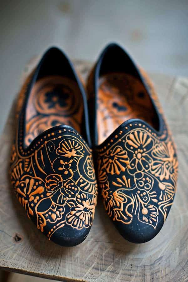 Flats are intricately decorated with henna-inspired designs, showcasing the finesse of lace-like patterns.