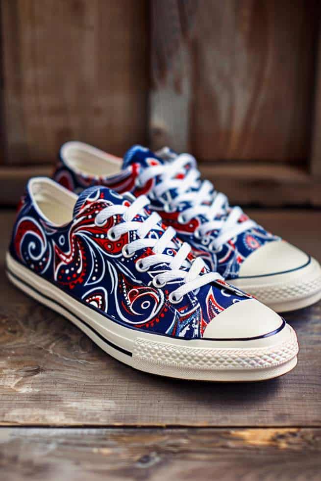 Converse sneakers are adorned with intricate swirls and teardrops of a red and blue paisley design, reminiscent of a classic bandana. 