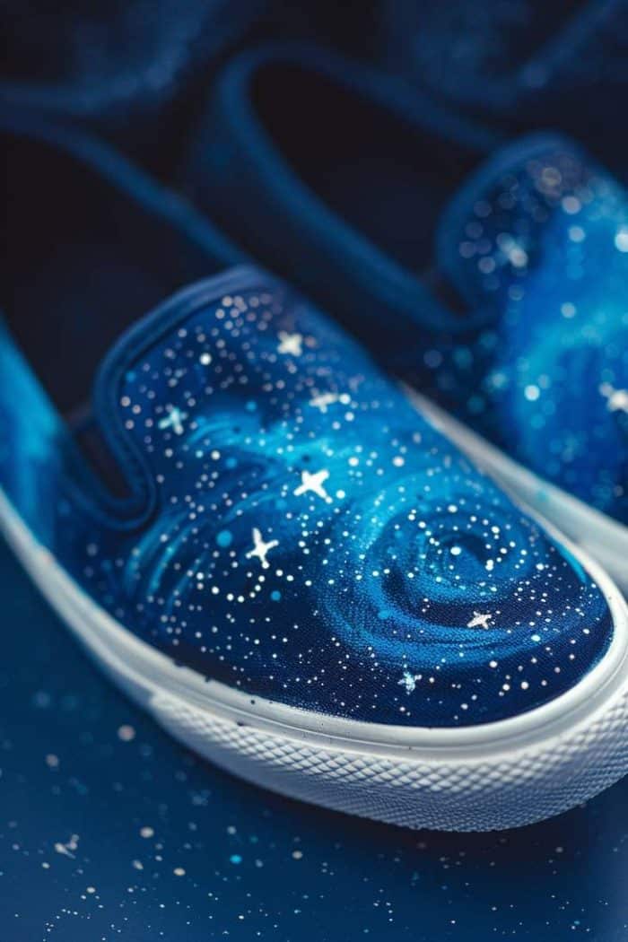 The slip-ons are a slice of the night sky, painted in a rich navy hue and dotted with a constellation of small, white stars and larger, swirling nebulas. 