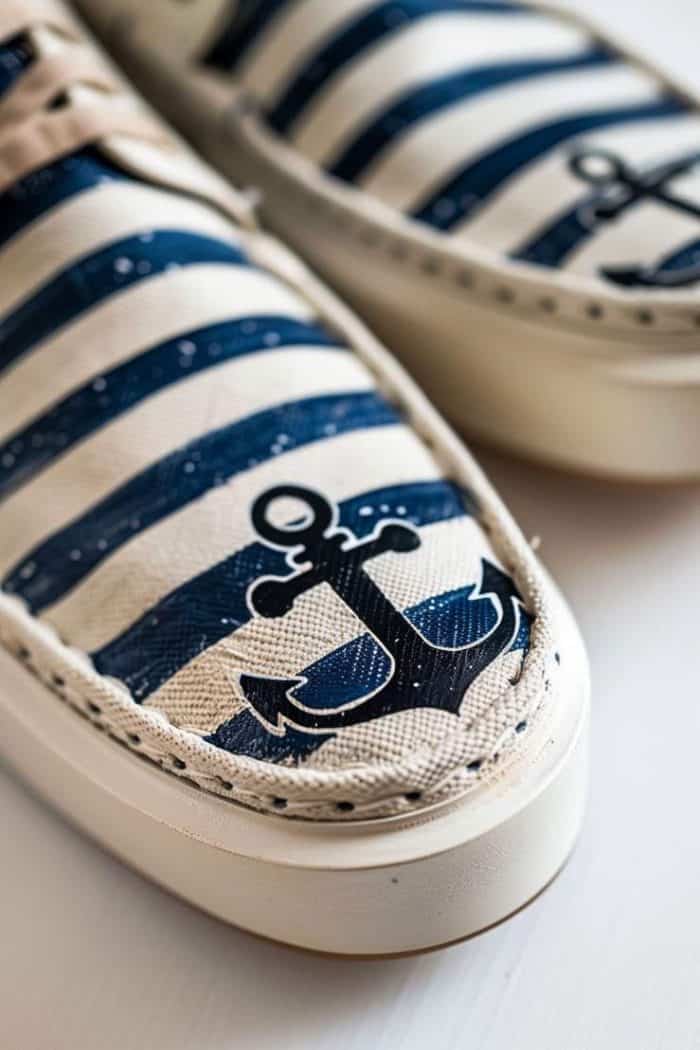 Boat shoes sail into style with horizontal navy stripes and small anchor motifs, channeling the spirit of the sea. 