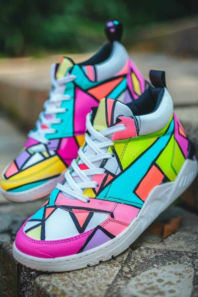 These sneakers are an homage to the '80s, decked out in neon geometric shapes and bold, electric lines that capture the era's flamboyant style. 