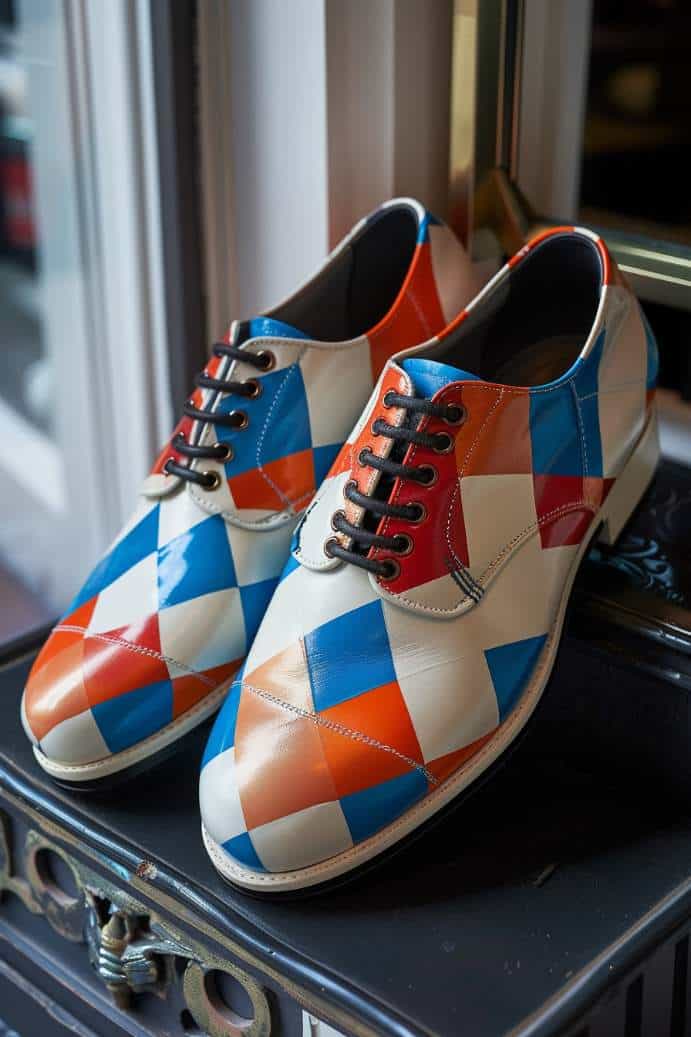 The golf shoes are dressed in a classic argyle print, featuring a sophisticated array of diamond shapes in a trio of blue, beige, and orange colors. 