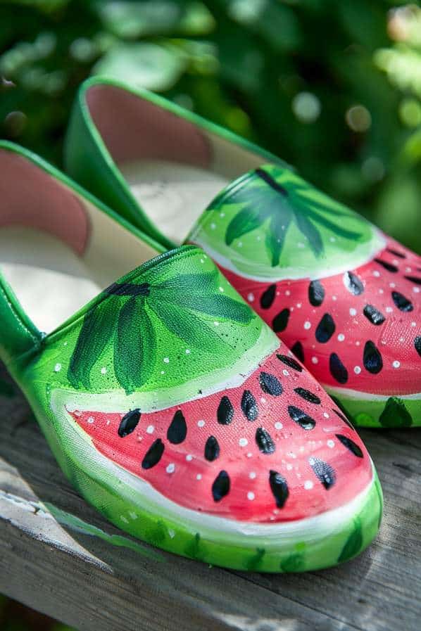 The flats become a slice of summer, featuring a watermelon design with a juicy pink center, a green rind edge, and black seed speckles. 