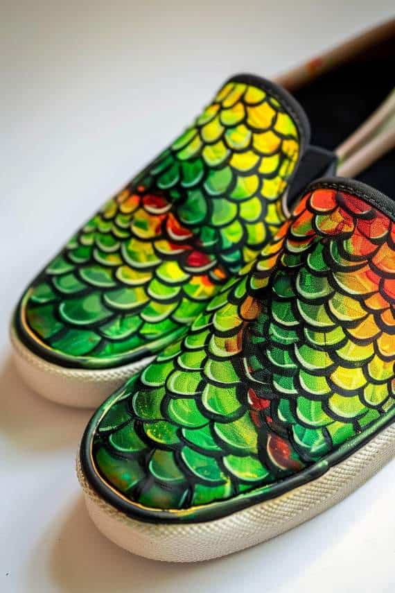 Slip-ons are given an exotic makeover with a snakeskin pattern, meticulously painted to mimic the detailed texture and color gradations of real reptilian skin. 