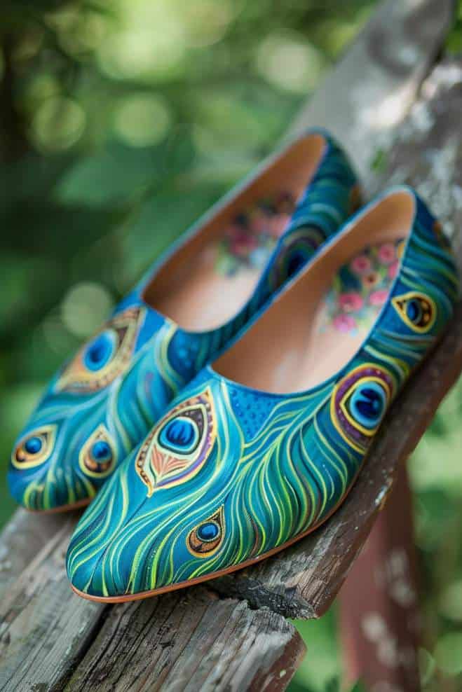 Ballet flats are transformed into a canvas showcasing the mesmerizing patterns of peacock feathers with their distinctive eye-like design. 