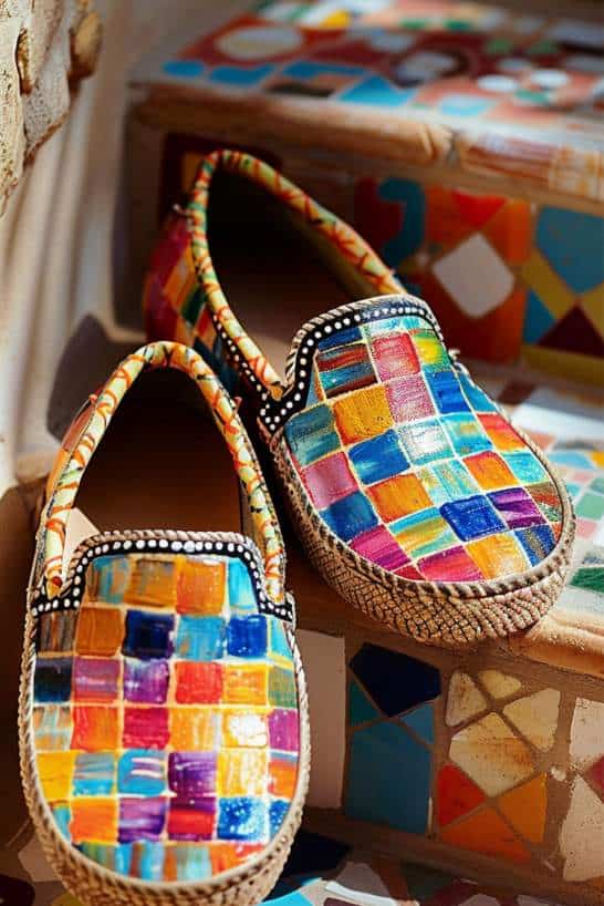 Espadrilles mimic the intricate art of mosaics with small, hand-painted squares in a kaleidoscope of colors, arranged to suggest traditional tile patterns. 