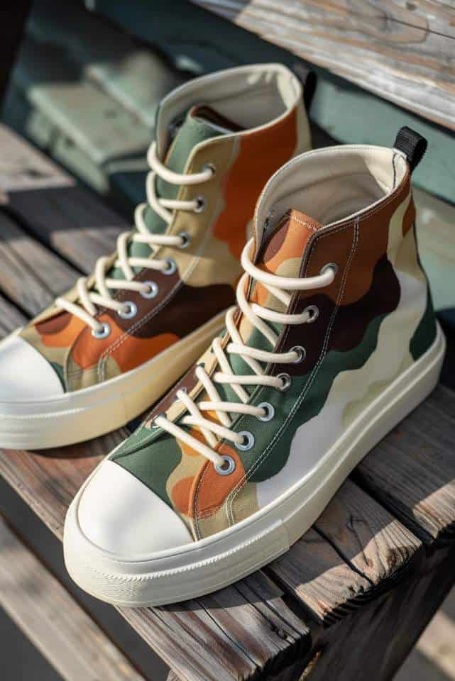 High-top sneakers are enveloped in a traditional camouflage design, utilizing a palette of forest greens, earthy browns, and muted tans.