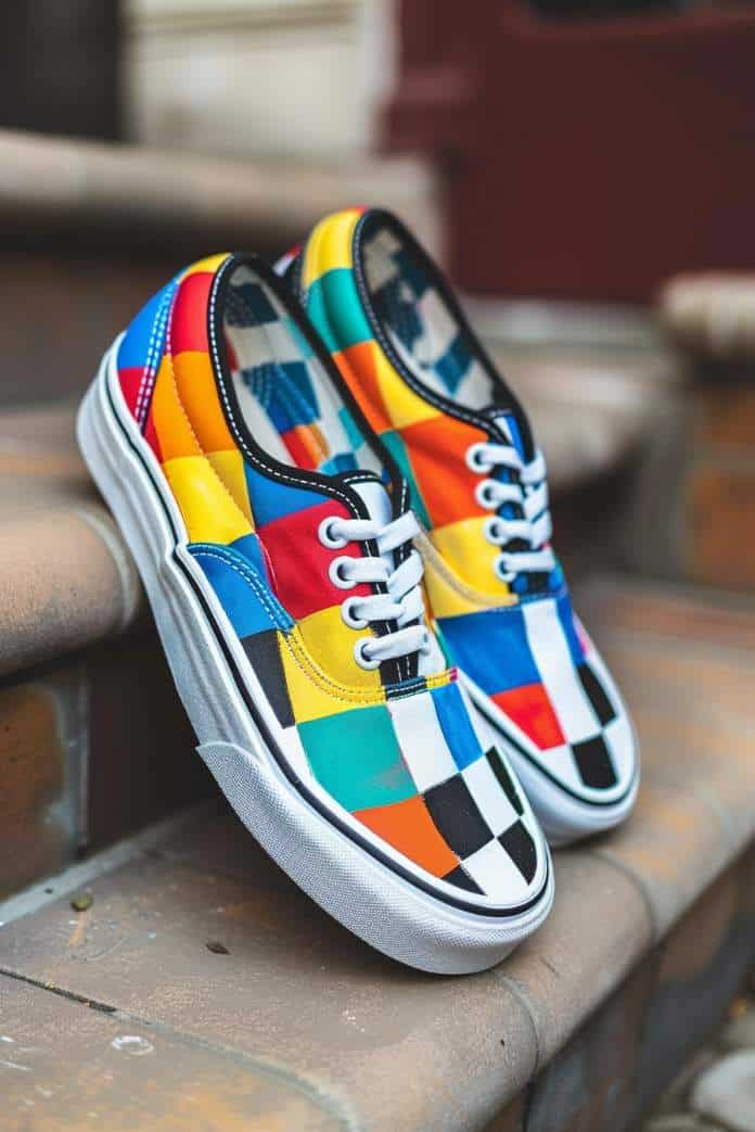 Vans are revamped with a checkerboard pattern, where each square alternates in a vivid array of colors. This twist on a classic design can be created using masking tape for clean, sharp edges.