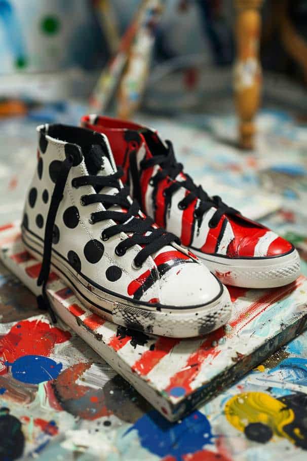 Converse sneakers feature a playful contrast, with one shoe sporting oversized polka dots and the other side adorned with bold, vertical stripes. The design can be achieved with stencils for uniformity and precision.
