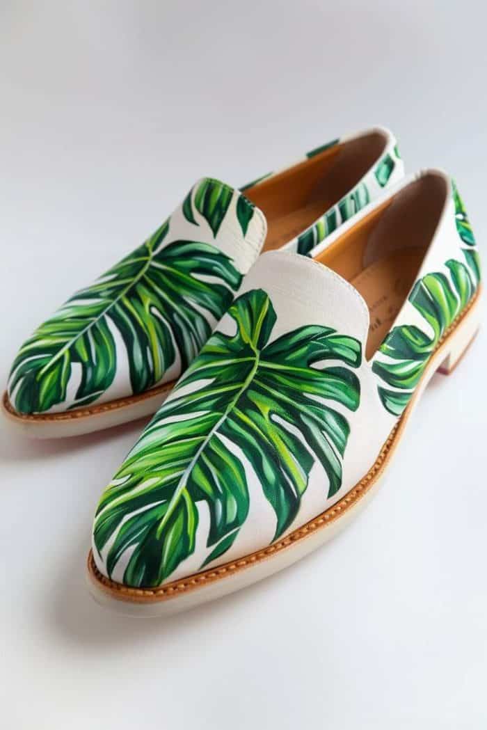 Loafers are transformed into a tropical canvas with hand-painted palm leaf patterns sprawling across a crisp white background. 