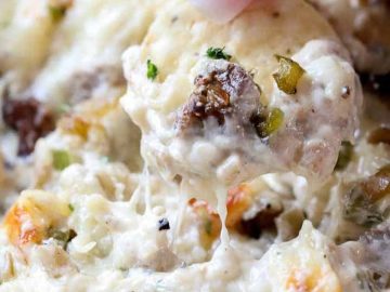 Featuring perfectly cooked ribeye steak, sautéed onions, and green peppers smothered in a creamy cheese sauce, this crowd-pleasing appetizer is easy to make and sure to be a hit at your next party! 