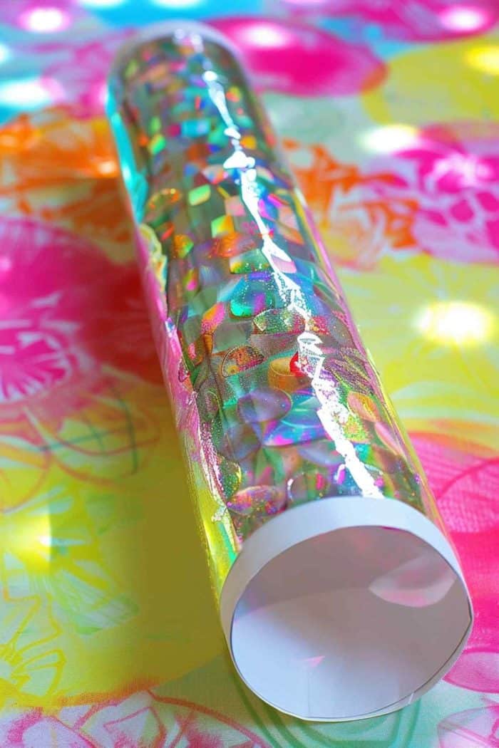 Assemble a kaleidoscope using a toilet paper roll as the body. Cover it in holographic foil, and at one end, secure a translucent, bead-filled disc made from clear plastic. 