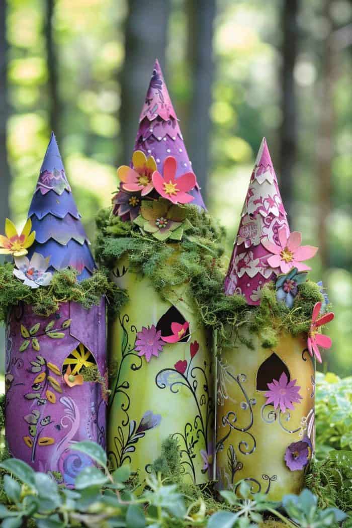 Turn toilet paper rolls into fairy houses by painting them in green and purple colors and crafting cone-shaped roofs from cardstock covered in cardstock flowers and faux moss. 