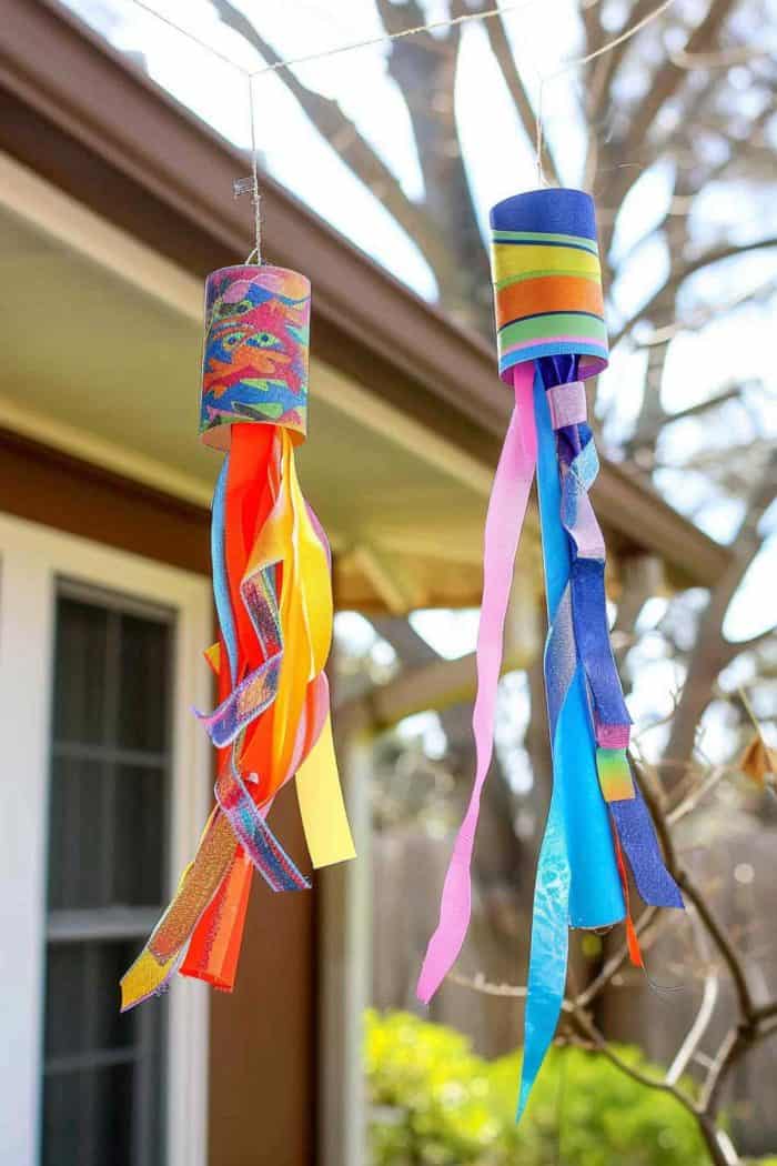 Create windsocks by covering toilet paper rolls in brightly colored paper. Attach long ribbons or strips of fabric to one end of the roll. 