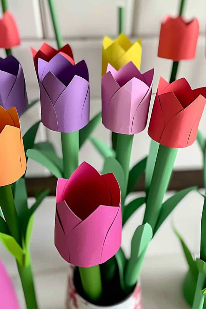 Create tulips by cutting toilet paper rolls into flower shapes and painting them in bright tulip colors. 