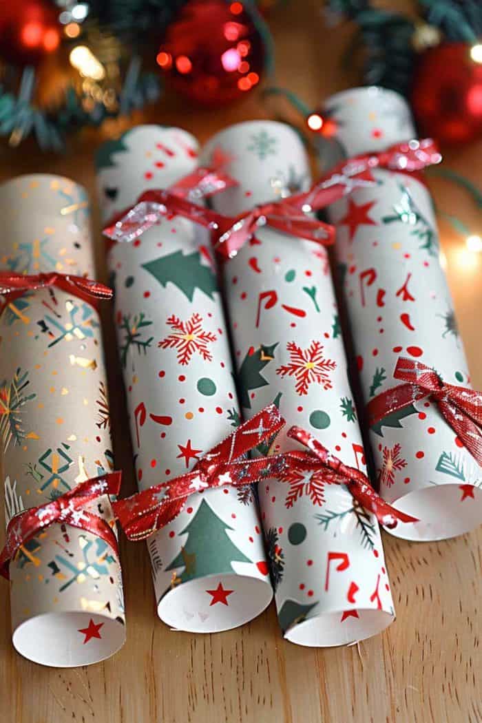 Wrap paper towel rolls in holiday-themed paper and tie the ends with ribbon to create Christmas crackers!