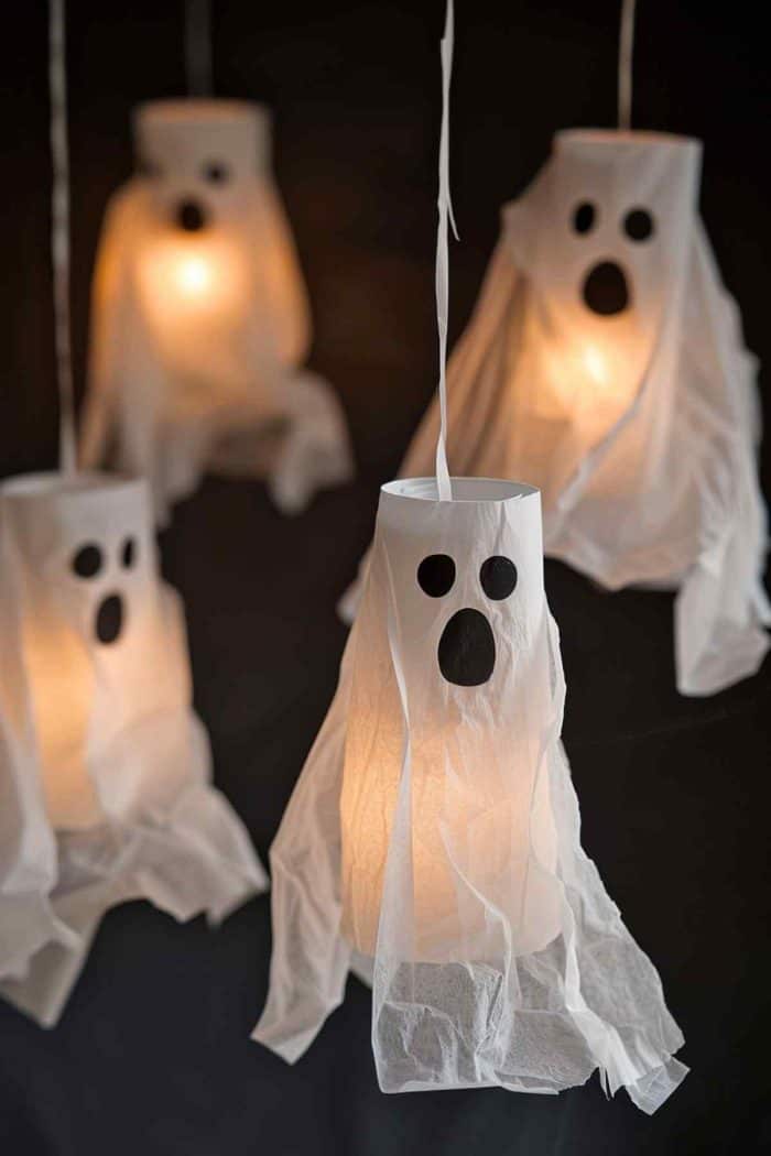 Craft ghosts by draping tissue paper over toilet paper rolls. Draw on haunting faces with a marker, and cut the bottom edges to resemble floating forms. 