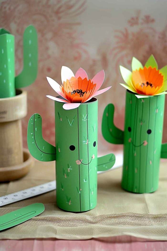 Make cacti by painting toilet paper rolls green and adding texture with black lines. Top them with pink paper flowers to represent the blooms. 