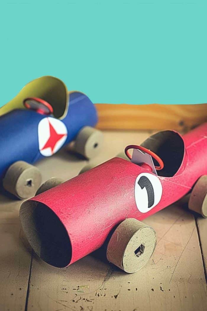 Turn toilet paper rolls into racing cars by painting them in bright colors and cutting out a hole for the seat. Cut out circles from cardboard for wheels and attach them to the sides. 