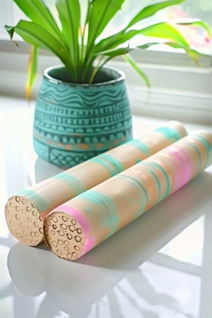 Create rain sticks by sealing one end of a paper towel roll with cardboard. Fill the tube with rice, beans, or small pebbles, then seal the other end. 