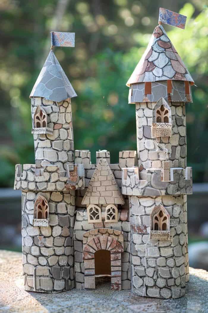 Construct miniature castles using toilet paper rolls for the central towers and additional cardboard for the walls. 