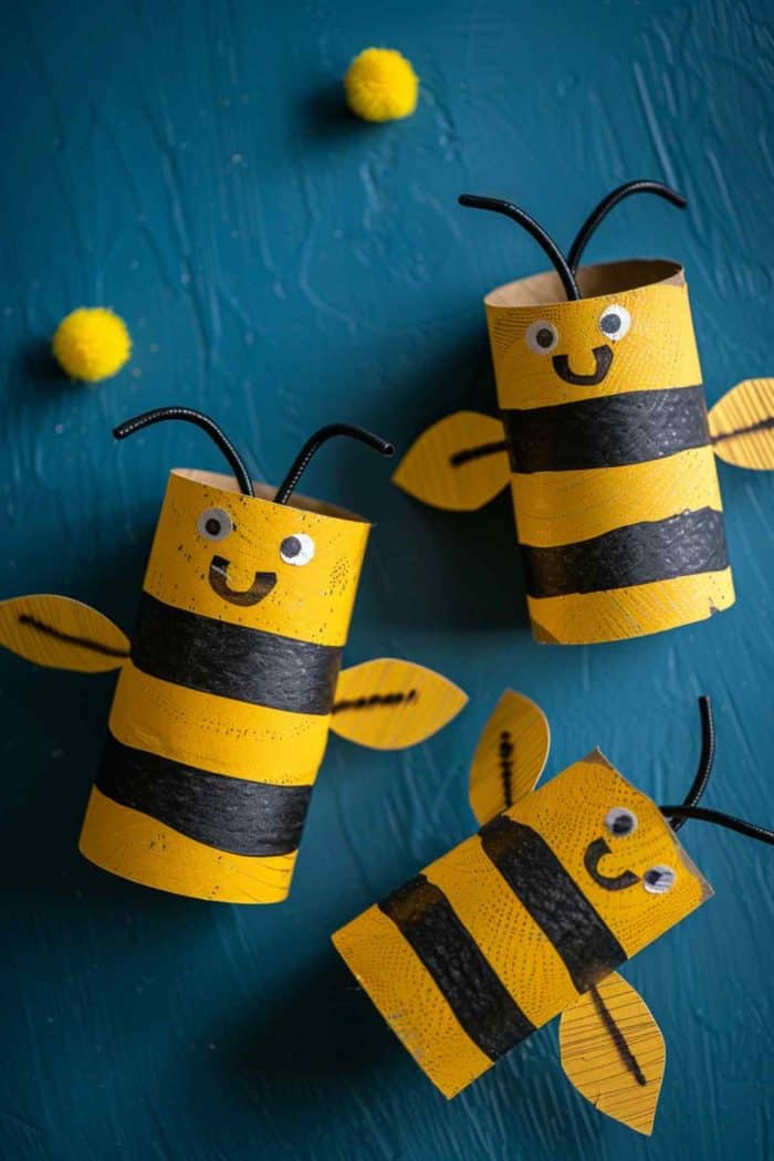 Craft bees by painting alternating black and yellow stripes around toilet paper rolls. Cut wings from wax paper or cardstock and attach them to the back. 