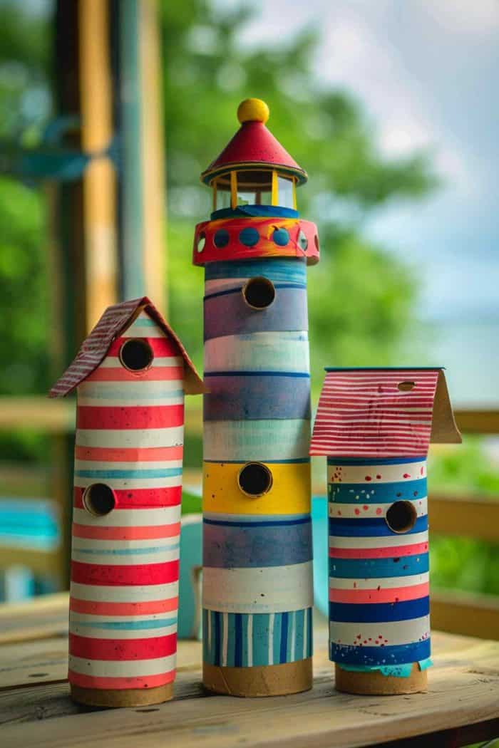 Build lighthouses by stacking and gluing toilet paper rolls to create height. Cover them with paper painted with stripes and cutouts for the windows. 
