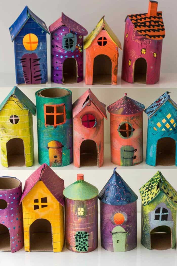 Build a village by covering toilet paper rolls in various colors of paper or paint. Cut out doors and windows or paint them in contrasting colors. 