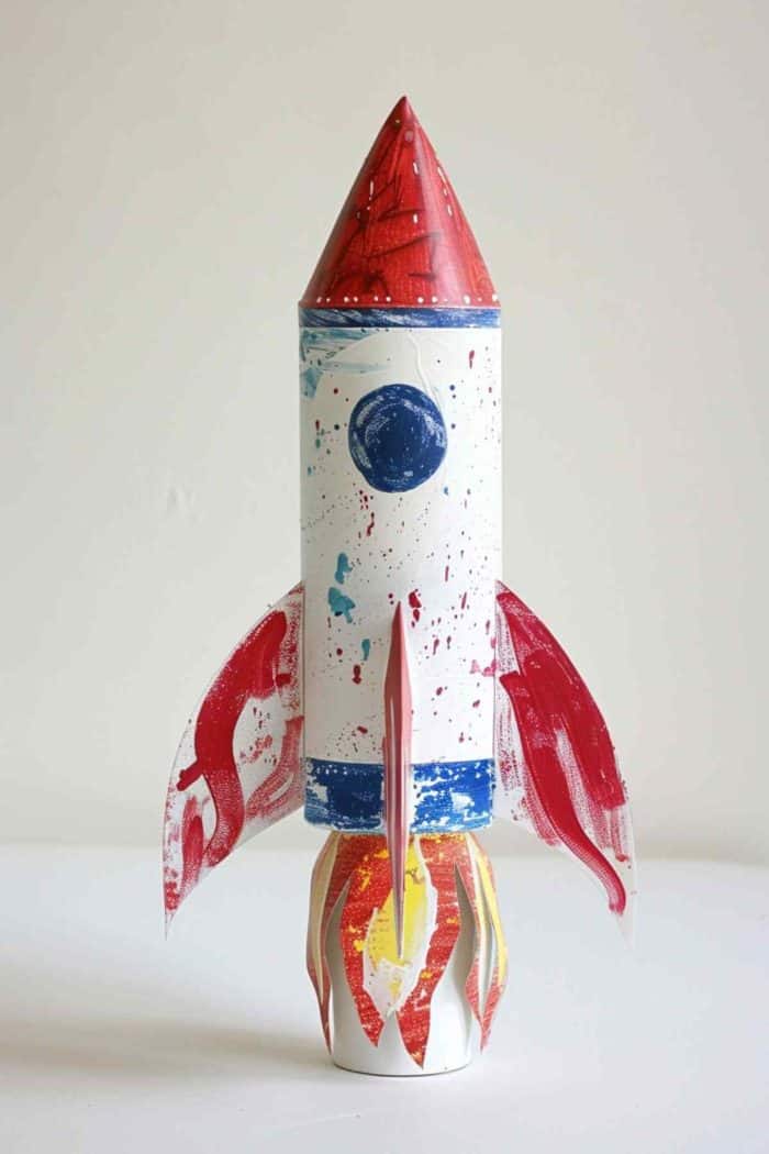Craft space rockets from toilet paper rolls, painting them white with bands of red and blue. Attach a cone-shaped top cut from cardstock. 