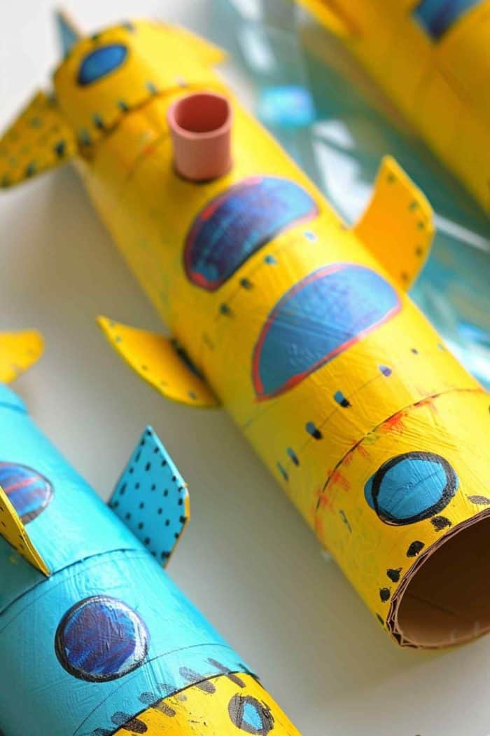 Create submarines by covering toilet paper rolls in bright yellow paint. Add a small cup or half-sphere on top as the periscope, and use a marker to draw on windows. 
