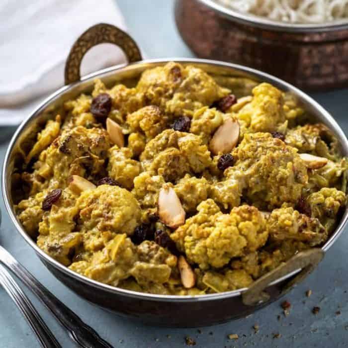 Here’s a plant-based indulgence, with cauliflower florets soaking up a spiced and creamy korma sauce. 