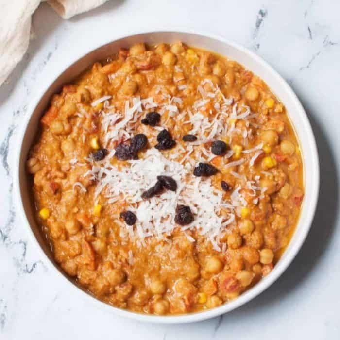 Slow cooking brings out the harmonious blend of flavors in this pumpkin chickpea curry, which combines the sweetness of pumpkin puree with the satisfying bite of chickpeas. 