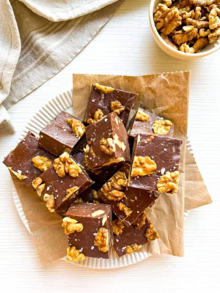 Chocolate walnut fudge with velvety chocolate and tasty walnuts in every bite — all kissed with a sprinkle of sea salt.