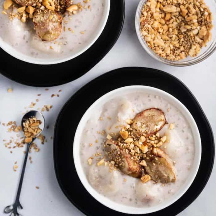 Featuring bananas and tapioca pearls swimming in a sweet coconut milk pudding base interspersed with chewy tapioca pearls, this exotic treat can end any meal on a high note.
