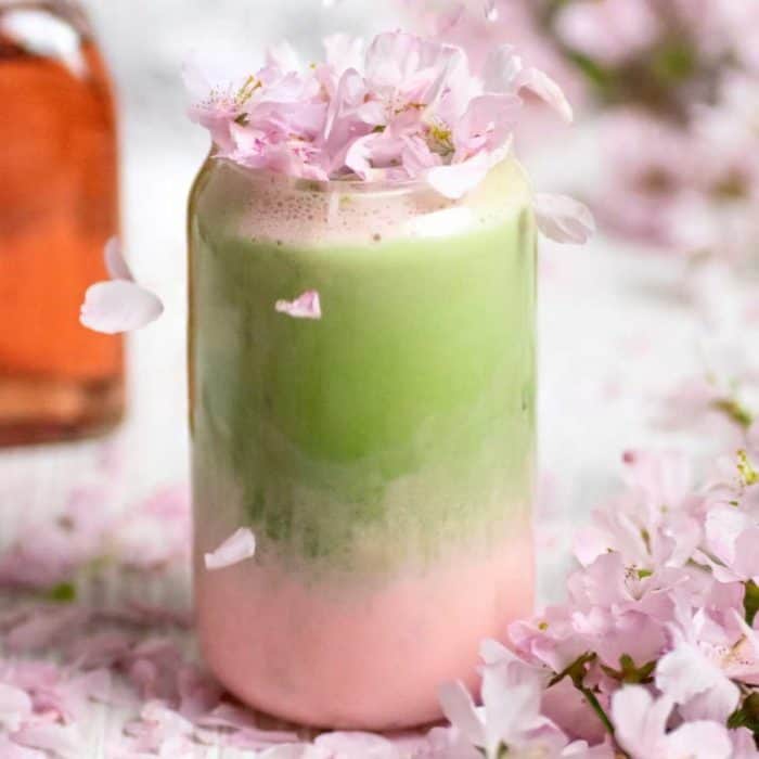 Its pink and green hues instantly captivate the eyes, while its mix of earthy matcha with light, fragrant, and delicately sweet cherry blossom syrup pleases the palate. 