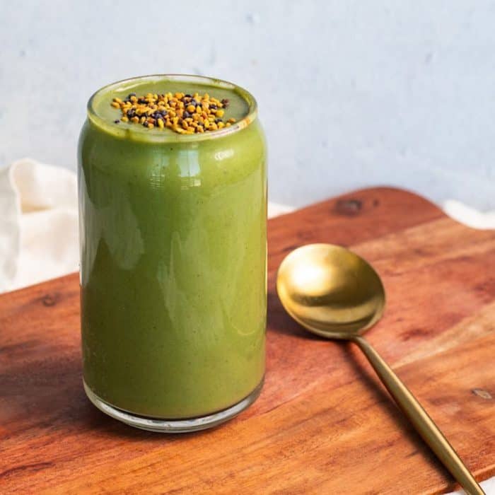 A creative take on the Erewhon Market's famous concoction, this smoothie masterfully incorporates buttery avocado, sweet banana, earthy greens, and creamy almond butter into the distinctive flavor of matcha. 