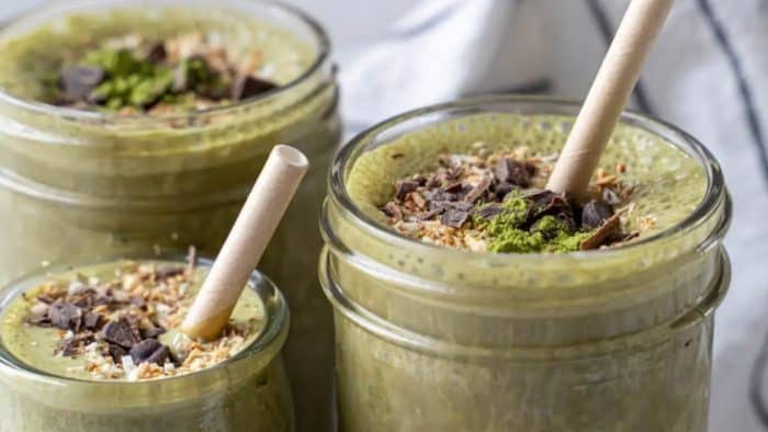 Healthy and decadent at the same time, this protein-packed beverage gives you both the richness of chocolate and the revitalizing power of matcha. 