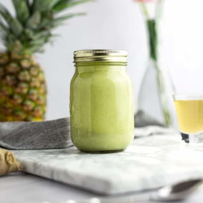 Just shake matcha powder and coconut milk in a jar to create a luxurious, creamy base, then add in pineapple nectar and pineapple ginger syrup for fruity, zingy, and summery flavors with the slightest hint of a kick.