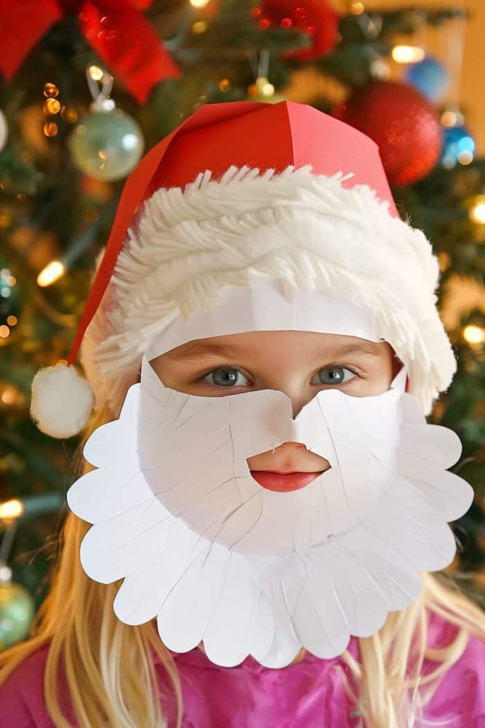 Whether for a Christmas play at home or a unique holiday decoration, these construction paper Santa Claus masks are a sure hit in your household! Remember to use red paper for Santa’s hat, yarn for the trim, and a white pom-pom for the finishing touch.