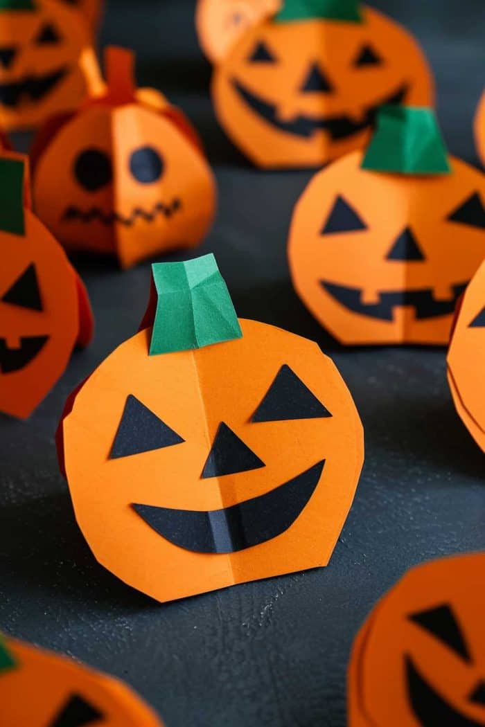 Bright orange jack-o'-lantern faces with varying expressions can add a fun seasonal touch to your Halloween display. 