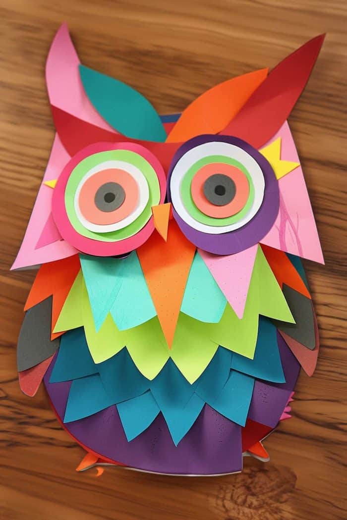 A wise owl made out of construction paper in different colors is excellent for whimsical handmade decor. 
