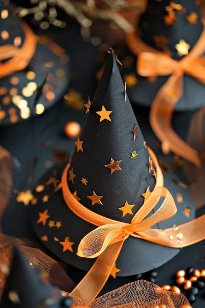 Made from black construction paper, these witch hats serve as delightful party favors.