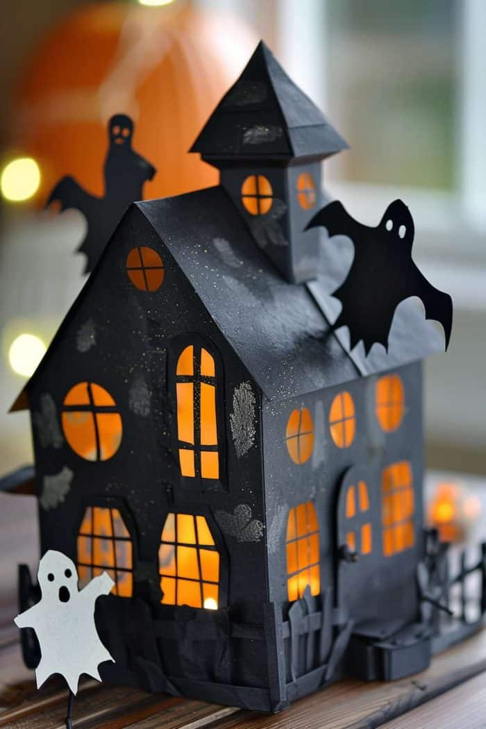 Detailed with cut-out windows, doors, and ghostly figures, this craft is engaging and impressive. Place an LED tealight candle inside to maximize the spookiness. 