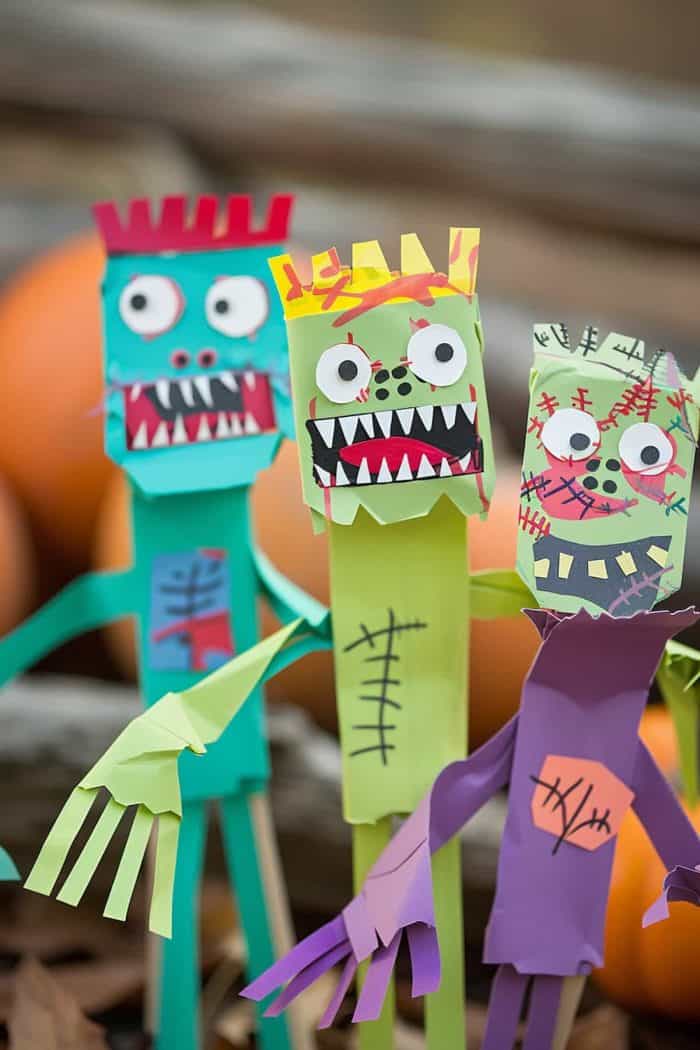 With their movable arms and expressive faces, these zombie puppets made from colored construction paper are great for puppet shows or spooky storytime.