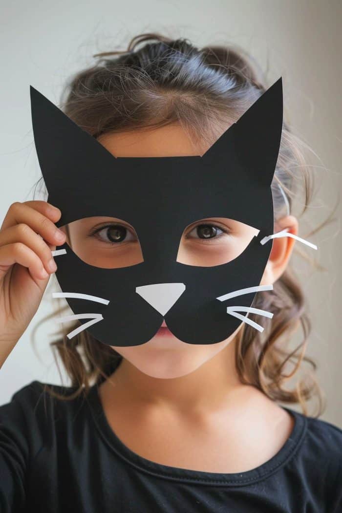 Add white paper whiskers for a complete look, then attach elastic bands to make the masks easy and comfortable to wear.