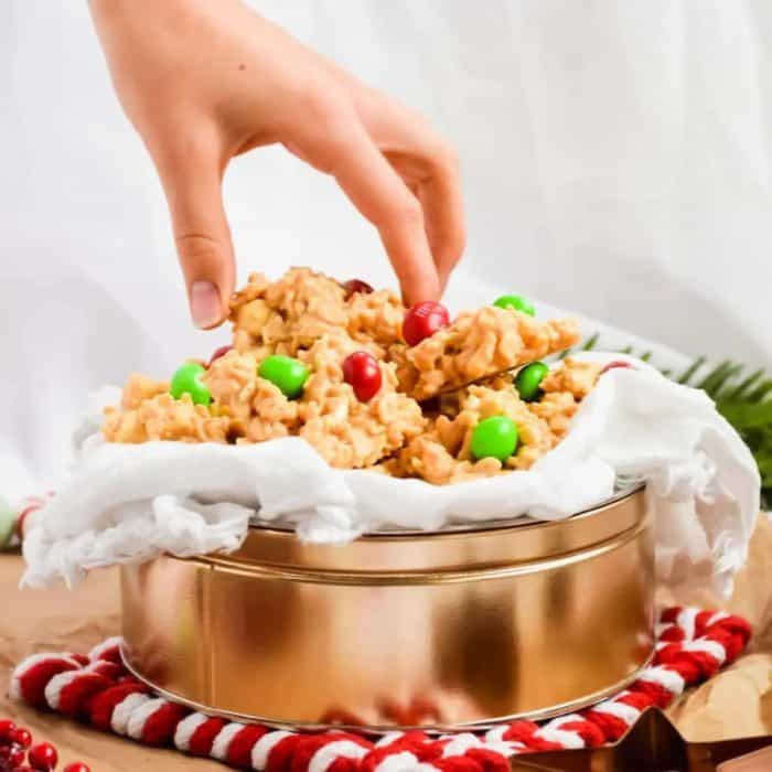 Combining creamy white chocolate, nutty peanut butter, crunchy Rice Krispies, and sweet M&M’s, this is a nostalgic eggless dessert with beloved flavors that kids and adults alike will love.